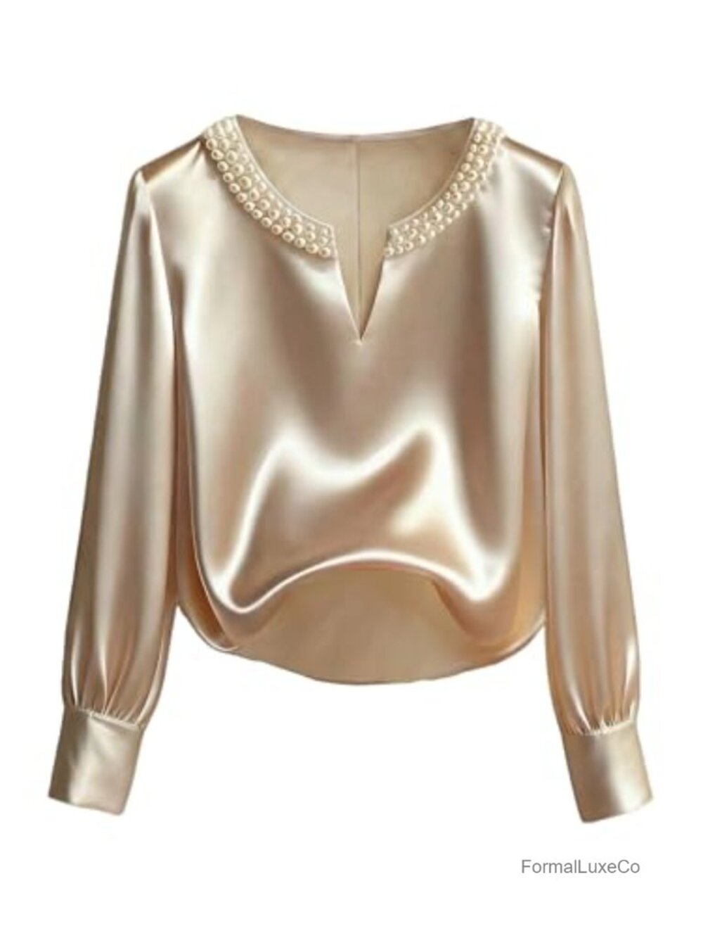 Pearl Satin Blouse Long Sleeve Notch Neck Dressy Business Casual Top